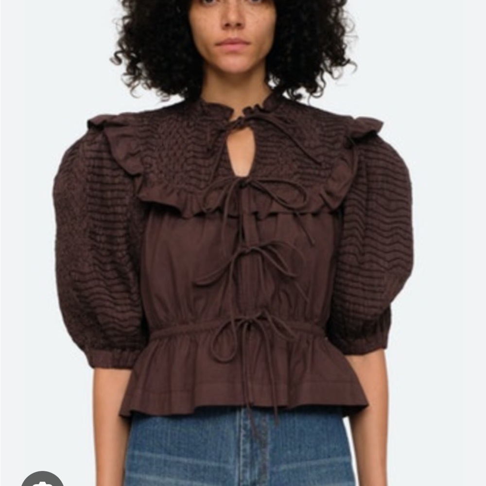 SEA NY Casey Hand Smocked Tie Front Ruffled Top - Black